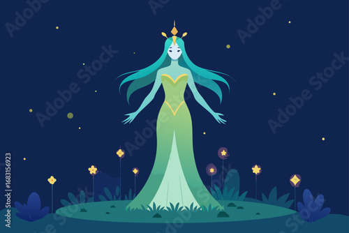 an ethereal goddess standing in a field of glowing