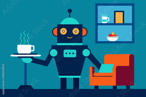 a playful robot butler serving tea in a futuristic