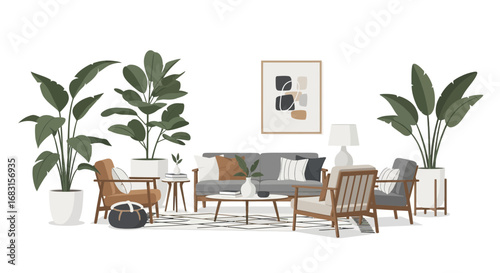 Sophisticated living room interior design with houseplants and abstract art