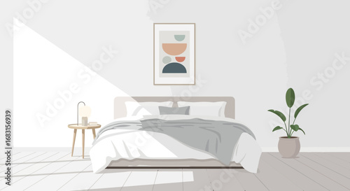 Stylish bedroom interior featuring minimalist design and natural light