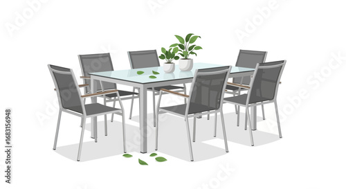 Sophisticated outdoor dining set with table chairs and decorative plants