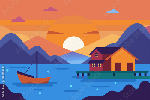 a peaceful fishing village at sunrise  