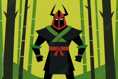 a powerful samurai warrior standing in a bamboo fo