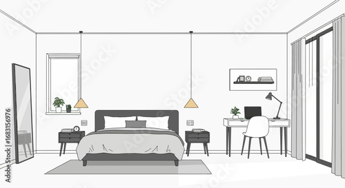 Stylish bedroom interior with modern furniture and minimalist design elements