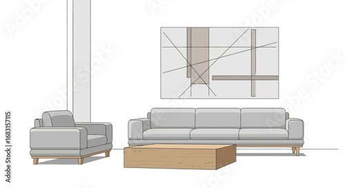 Stylish living room with modern furniture and minimalist art drawing