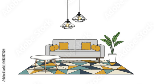 Stylish living room scene with modern furniture and geometric rug design
