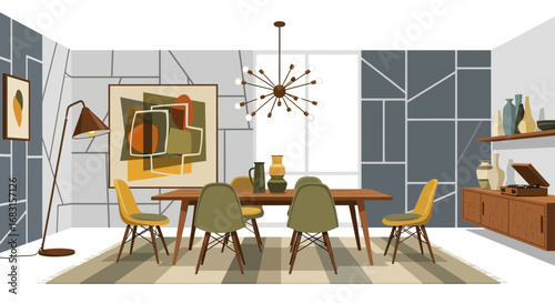 Stylish mid-century modern dining room interior with minimalist design