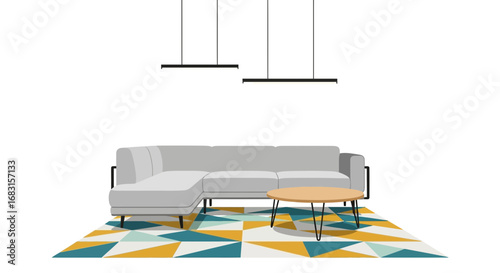 Stylish minimal living room decor with geometric rug and modern lighting
