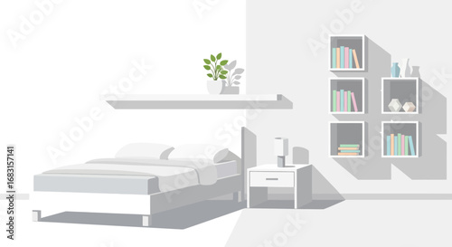 Stylish minimalist bedroom interior with a bed, shelf, and decor elements