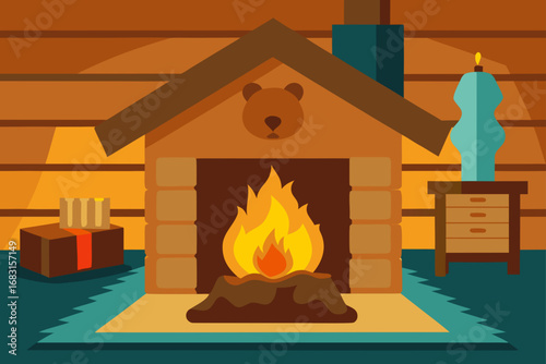a cozy log cabin interior with a roaring fire and 