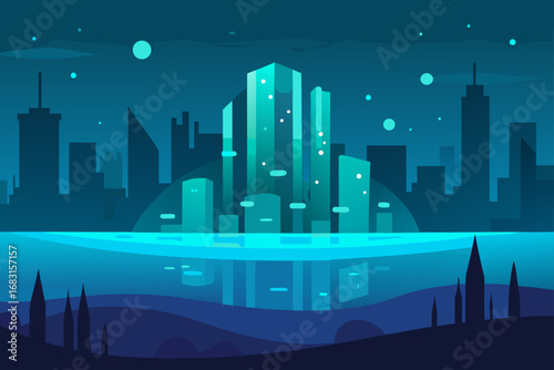 a futuristic cityscape submerged in water  with gl