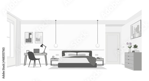 Stylish monochromatic bedroom interior with home office arrangement design