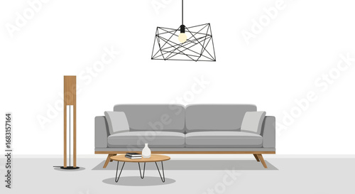 Stylish modern living room interior with gray sofa and geometric light