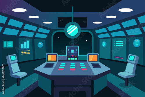 a futuristic control room with multiple screens an