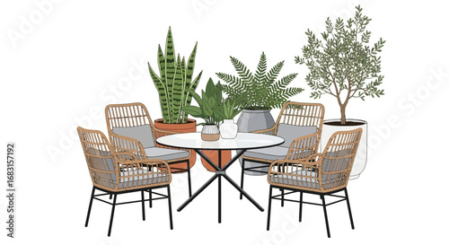 Stylish outdoor living arrangement showcasing modern furniture and greenery