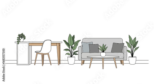 Stylized home office and living area illustration with minimalist design