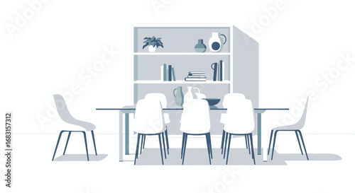 Stylized dining room interior with sleek furniture and shelving accents