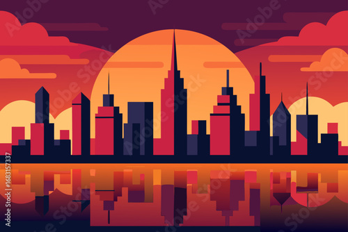 a vibrant and dynamic cityscape at sunset  with a 