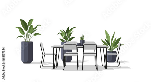 Stylized illustration of an outdoor dining set with potted plants