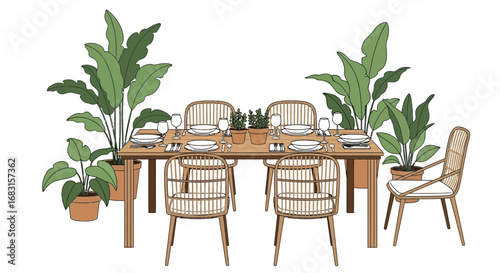 Stylized Illustration of an Indoor Dining Setup with Plants and Wooden Furniture