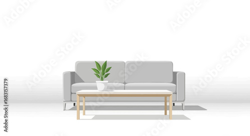 Stylized indoor scene featuring sofa, coffee table, and potted plant