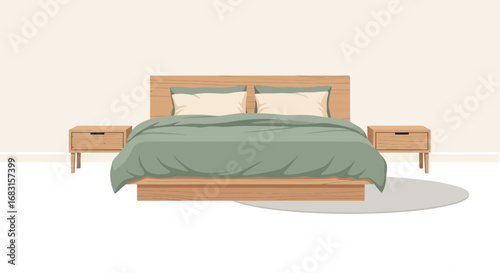 Stylized Interior Illustration of a Bedroom with Muted Tones and Wood Furniture