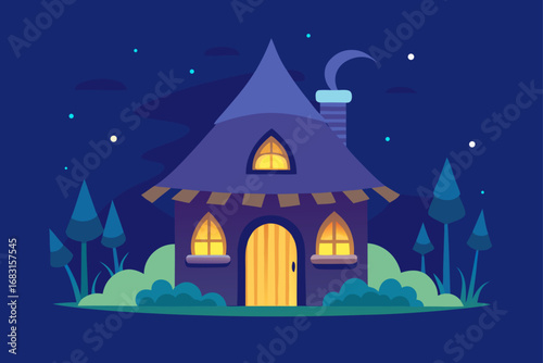a magical cottage with a thatched roof and a glowi