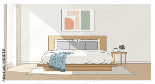 Tranquil bedroom interior showcasing minimalist design and soft pastel colors