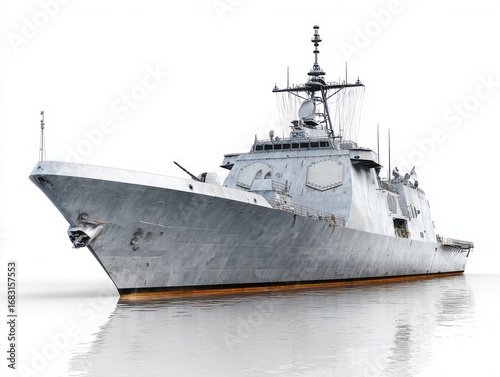 A large gray warship floats on a tranquil body of water against a plain white background.