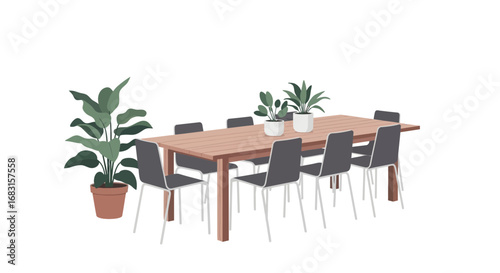 Vector Illustration of a Dining Set with Plants on a White Background