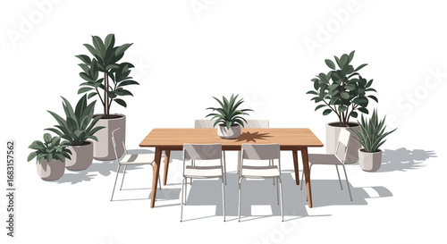 Tranquil indoor garden featuring a wooden table and modern chairs