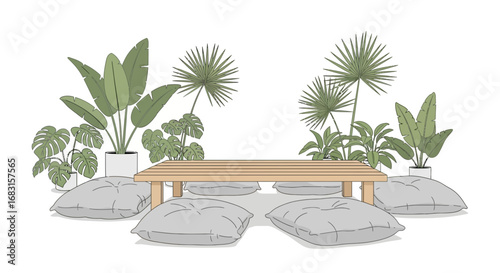 Tranquil Outdoor Lounge Area with Wooden Table and Floor Cushions amongst Plants