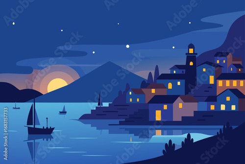coastal town at dusk  with lights twinkling along 