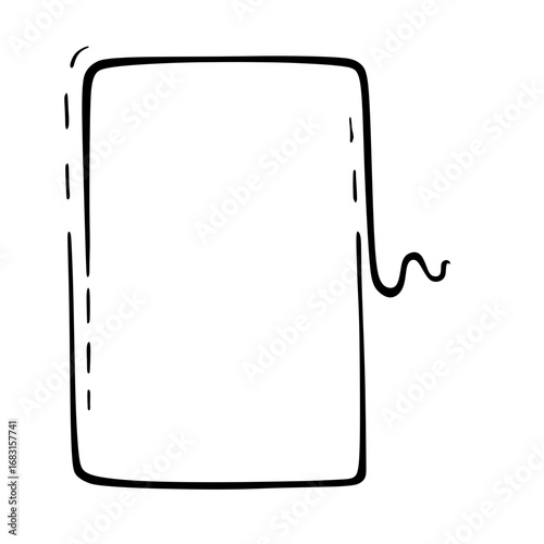 A hand-drawn black and white doodle of a rectangular frame with dashed stitching and a loose thread.