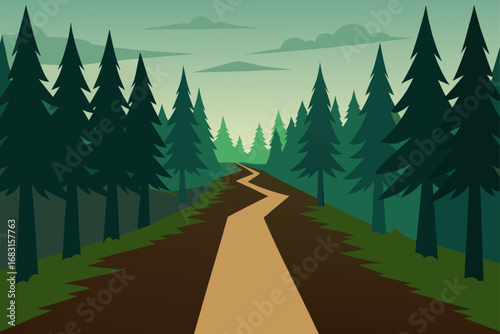 dense pine forest with a clear path leading deeper