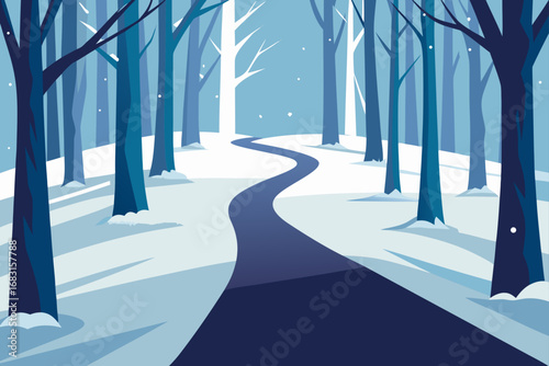 snowy forest path with bare trees  fresh snow  and