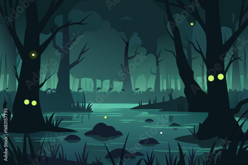 swamp at night with fireflies  glowing eyes  and a