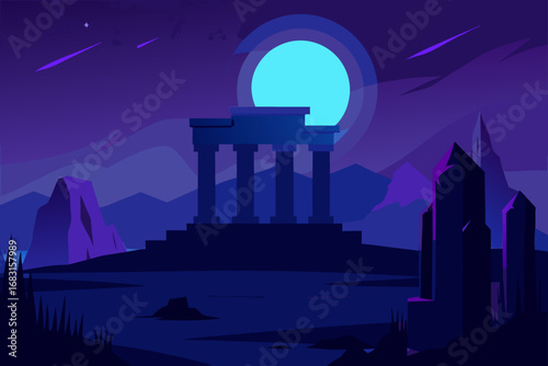a mysterious and ancient ruin glowing under the mo