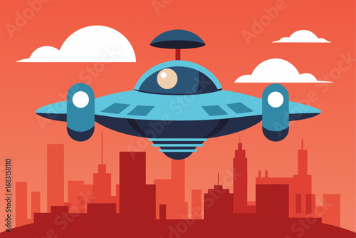 a futuristic personal flying vehicle hovering abov