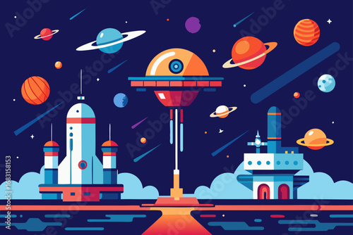 a futuristic spaceport with various spacecraft doc