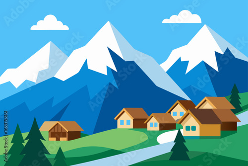 alpine village with wooden chalets  snow capped pe