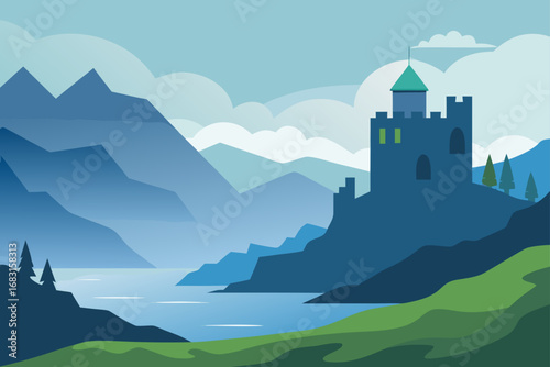 scottish highlands with misty hills  a loch  and a