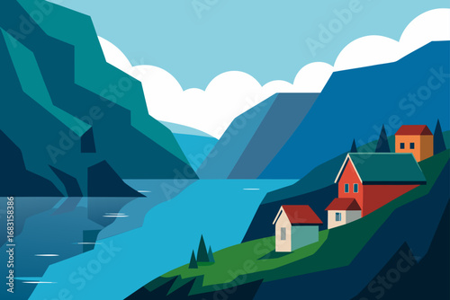 norwegian fjord with steep cliffs  calm water  and