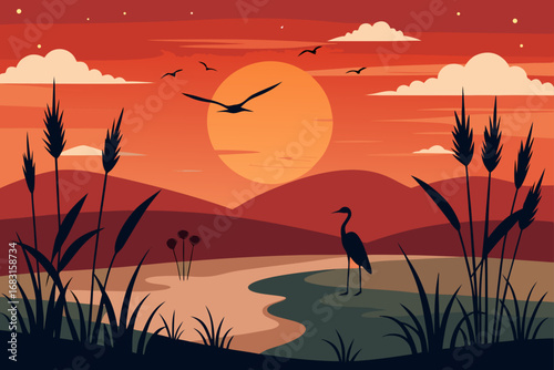 coastal wetlands with migratory birds  tall grasse