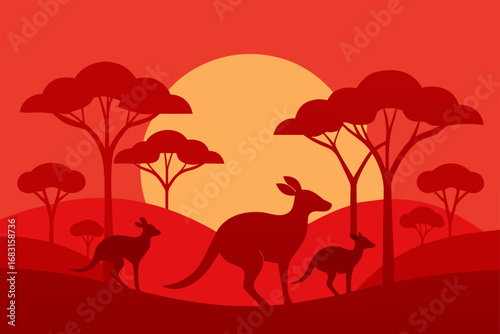 australian bushland with kangaroos  eucalyptus tre