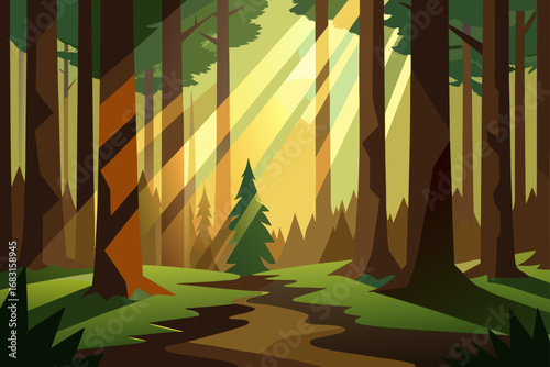 sun drenched redwood forest with towering trees  s