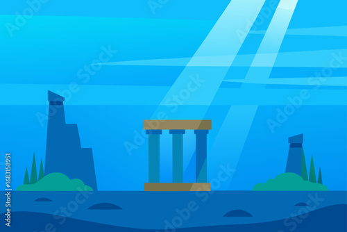 sunken ruins in a clear blue sea  with light rays 