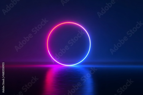 Wallpaper Mural 3D render, neon light circle on a dark blue background with reflection and a glowing effect.  Torontodigital.ca