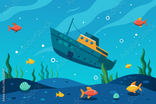 sunken ship in a clear tropical sea  with colorful