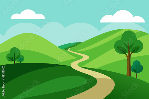 rolling hills of green with scattered trees and a 